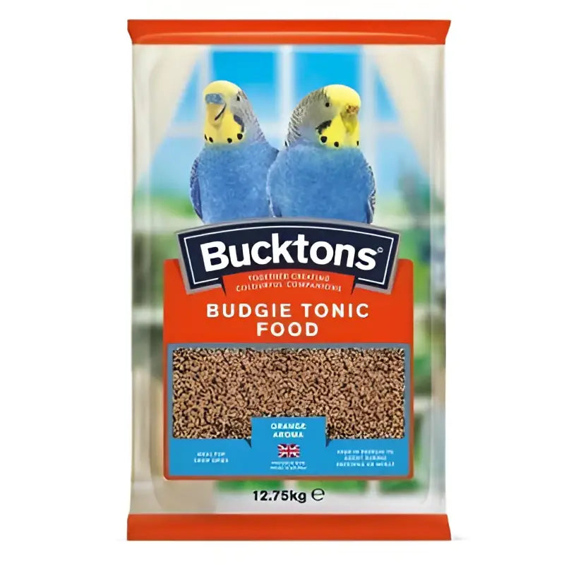 Bucktons budgie tonic 12.75kg in orange and blue bag with two blue parakeets perfect for healthy budgie care