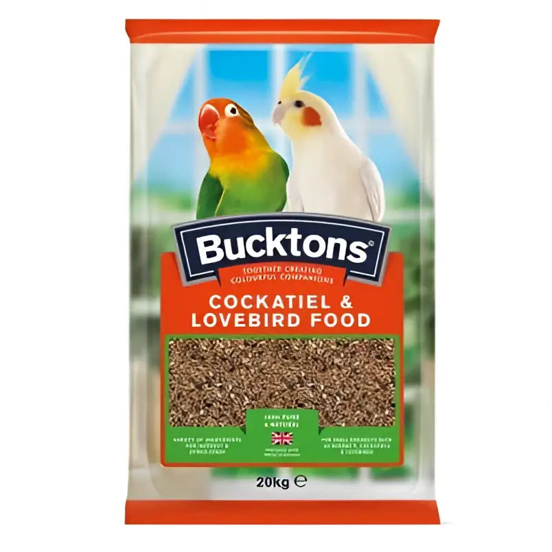 Bucktons cockatiel lovebird mix 20 kg bag of brown granular bird feed in orange green packaging with two parrots