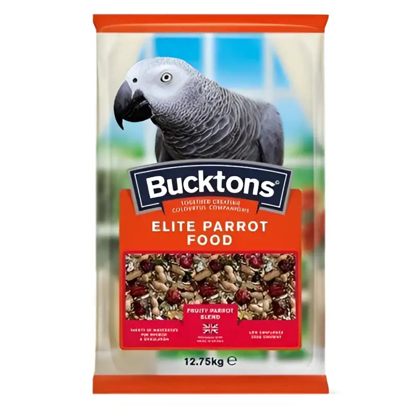 Bucktons elite parrot 12.75kg bag of fruity parrot blend with sunflower seeds and striped sunflower seeds in orange pack
