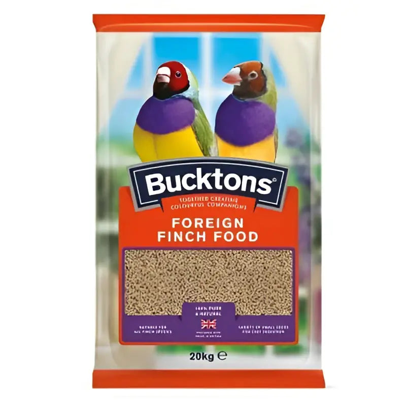 Bucktons foreign finch 20 kg bag with colorful finch illustrations and clear window showing brown seed mix
