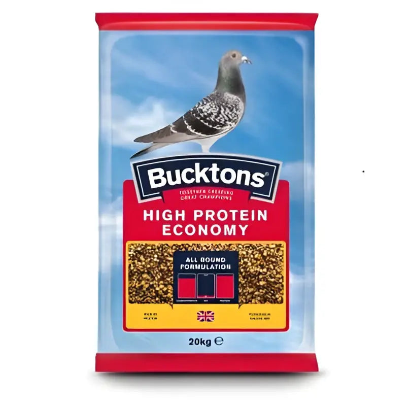 Bucktons high protein economy 20 kg pigeon feed in red and blue packaging for high protein nutrition