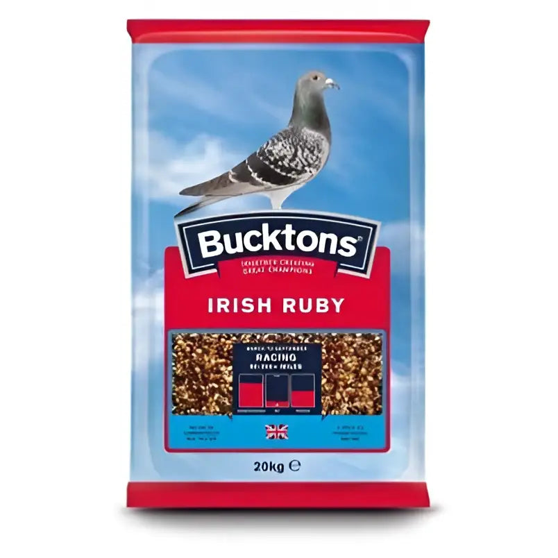 Bucktons irish ruby 20 kg pigeon feed in red and blue bag with grey and white pigeon image for racing pigeons