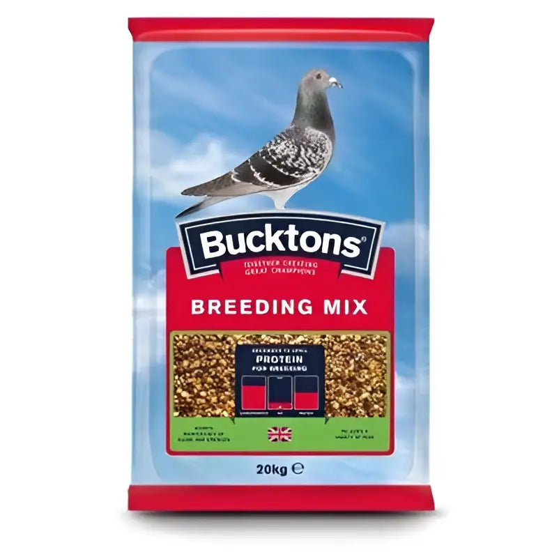 A 20kg bag of bucktons pigeon breeding mix with red and blue packaging featuring a grey pigeon image