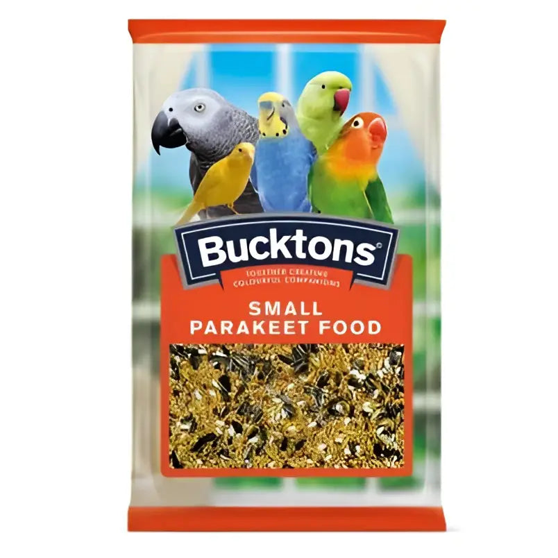 Bucktons small parakeet food 20 kg in clear plastic bag with orange border and colorful seeds on label for small parakeet