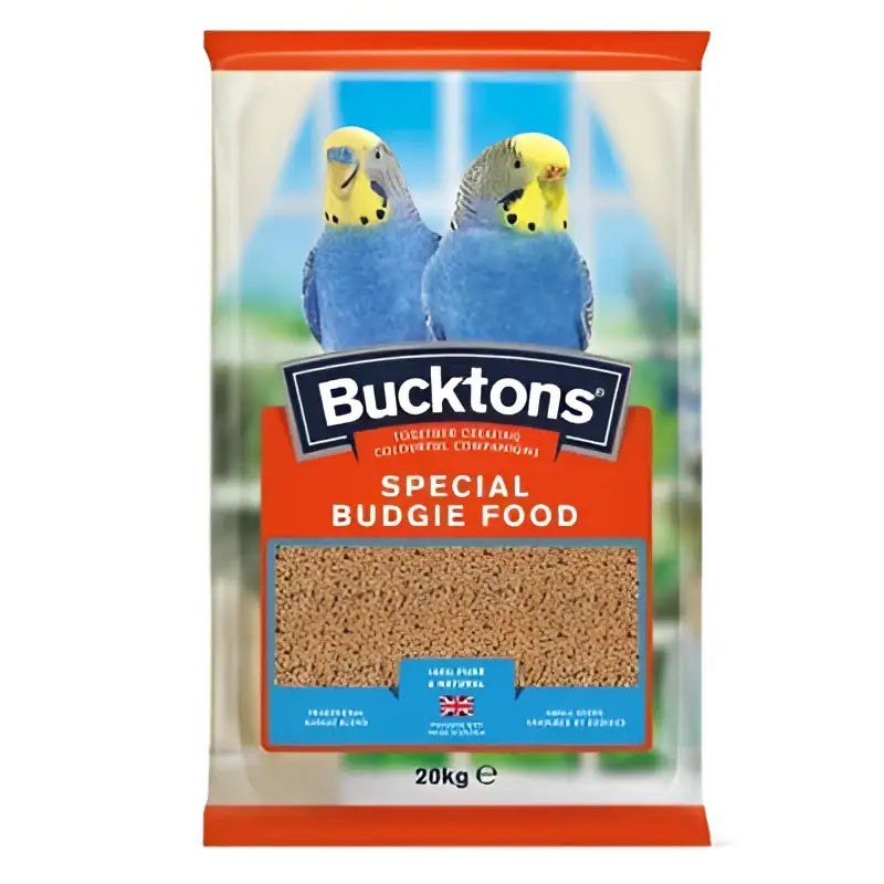 A 20kg bag of bucktons special budgie brown granular bird food with orange and blue packaging showing two blue budgies