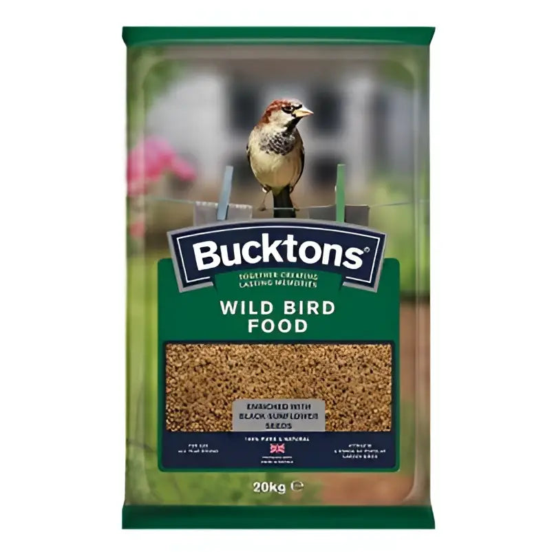 Bucktons wild bird 20 kg bag of brown seeds with black sunflower seeds in green and white pack featuring a sparrow