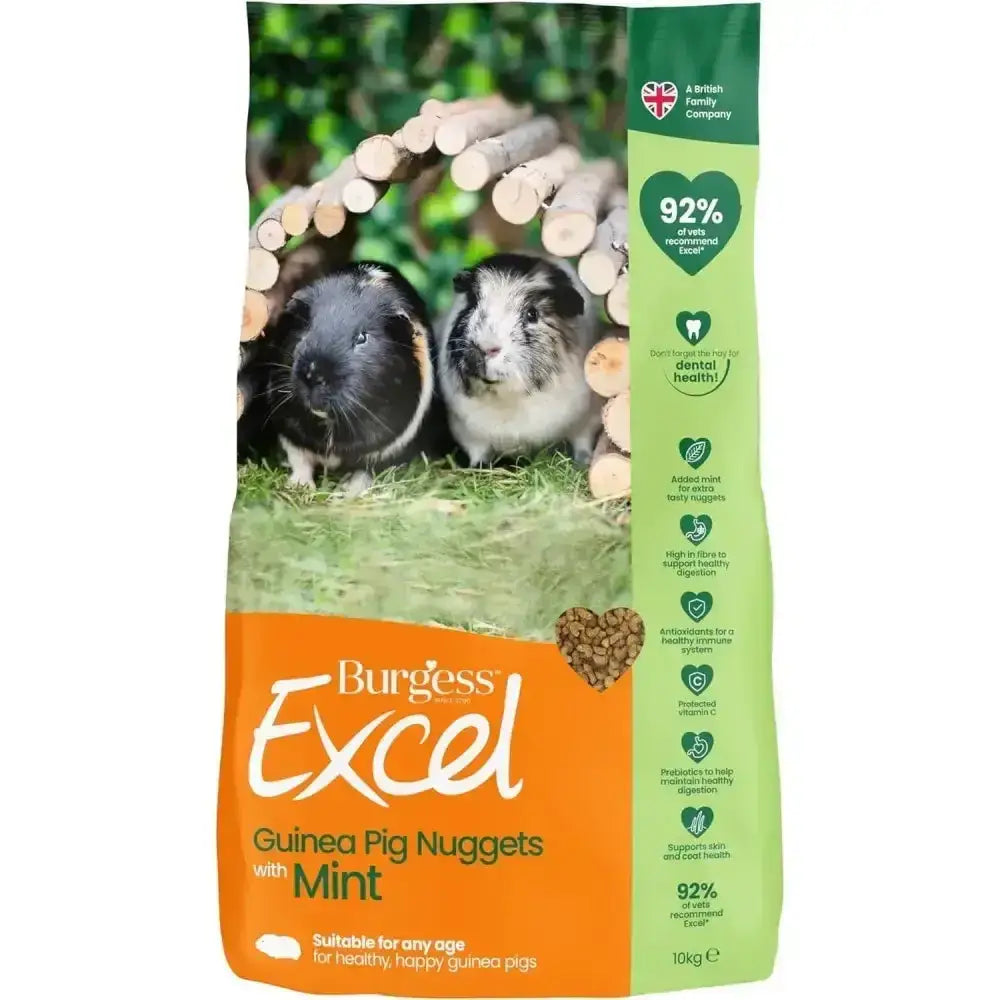 A 10kg bag of orange and green burgess excel guinea pig nuggets with mint featuring two guinea pigs in a wooden archway