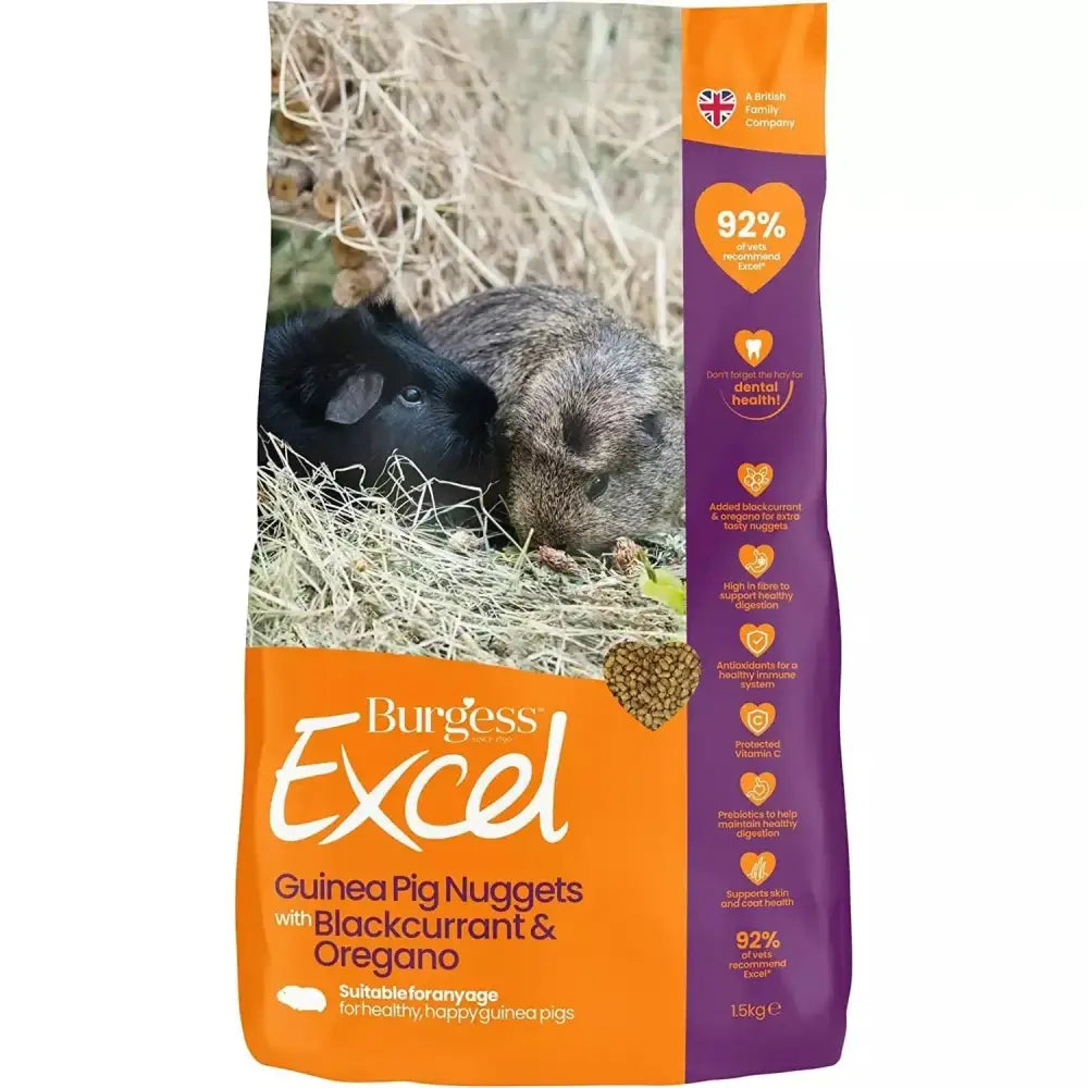 Orange and purple bag of burgess excel tasty nuggets blackcurrant and oregano guinea pig food 1.5kg pack