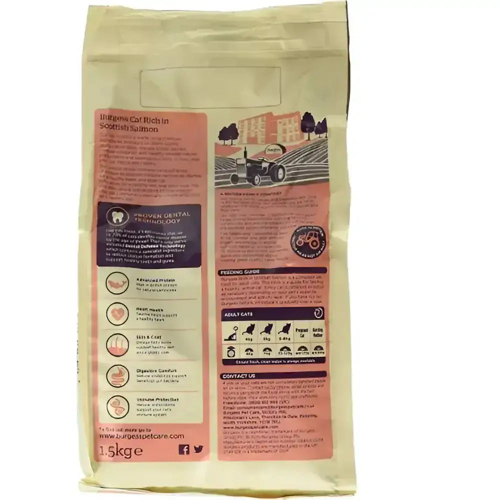 Beige bag of burgess supa cat adult chicken cat food rich in scottish salmon from burgess petcare