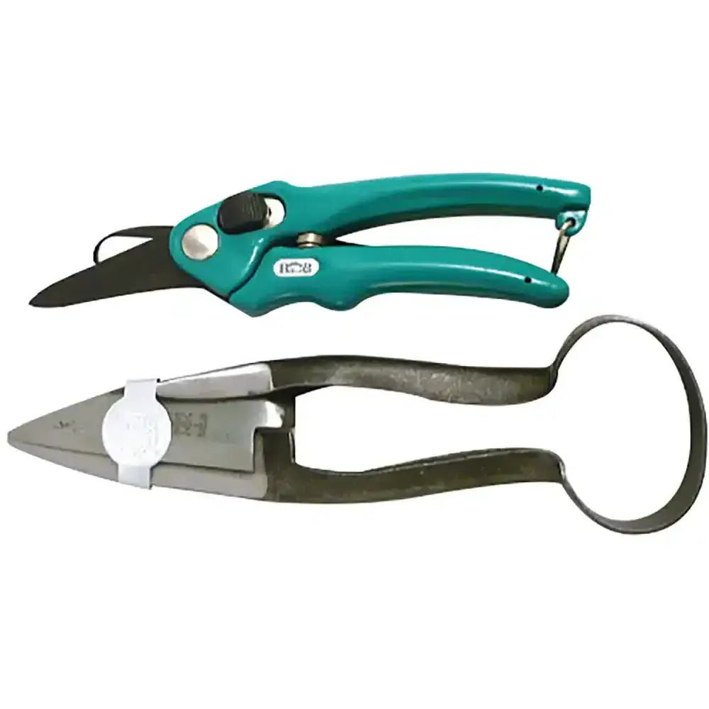 Teal handled pruning shears with black blades and silver pivot plus metallic wire cutters from burgon & ball farmer pack for keeping healthy sheep