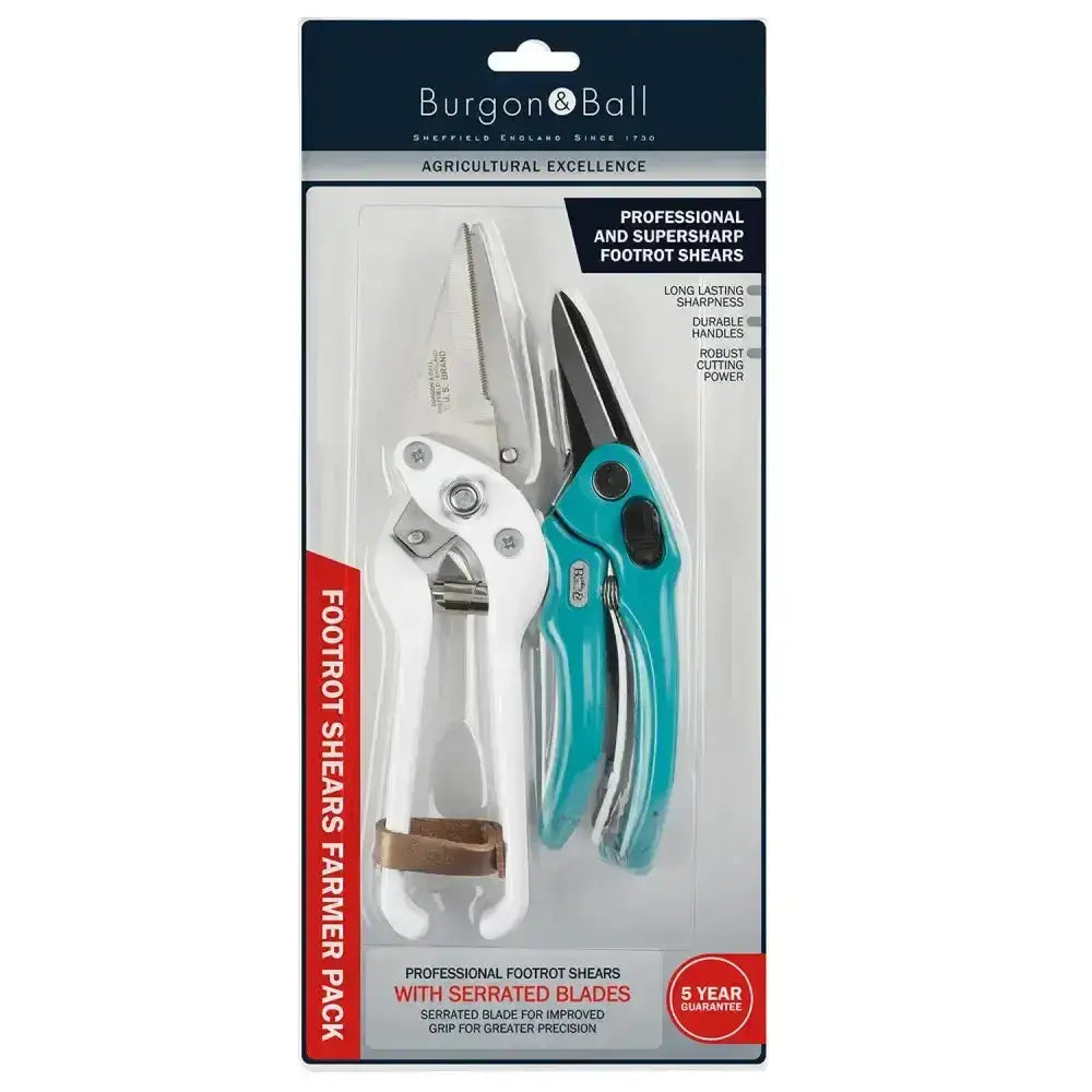 Burgon & ball farmer pack professional white and teal footrot shears with serrated blades for easy cutting