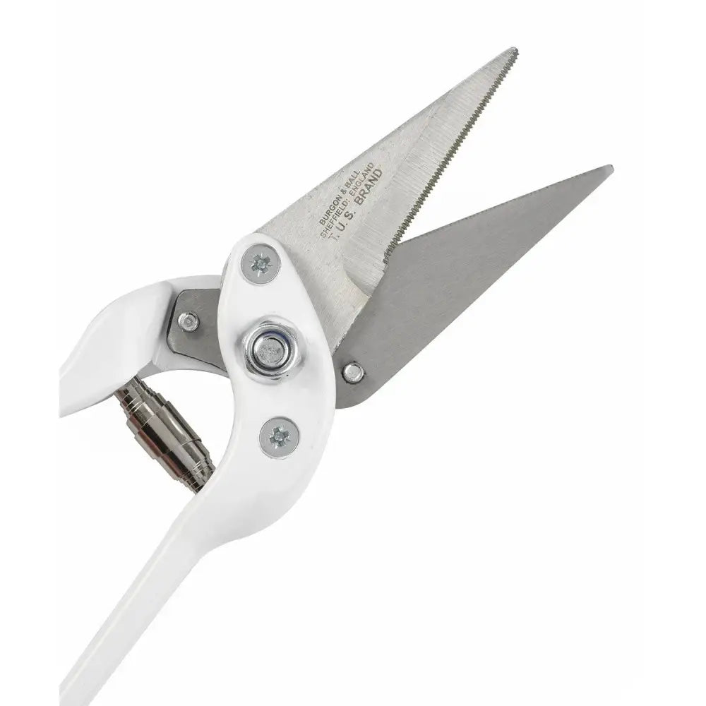 White-handled burgon & ball footrot shears serrated with stainless steel blades and unique blade serration