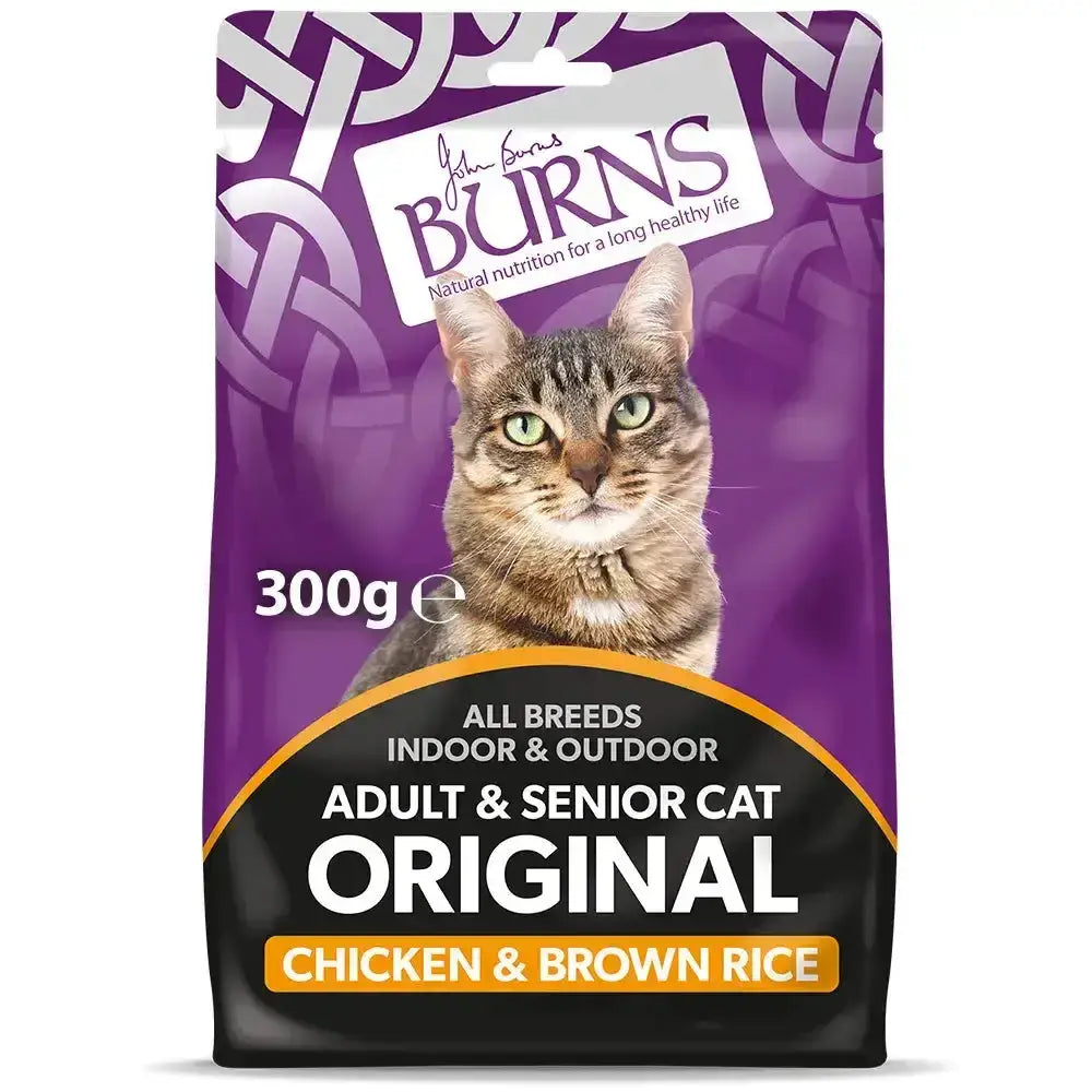 Purple and black burns cat chicken brown rice cat food bag with green eyed tabby for adult and senior cats with amino acids hydrate