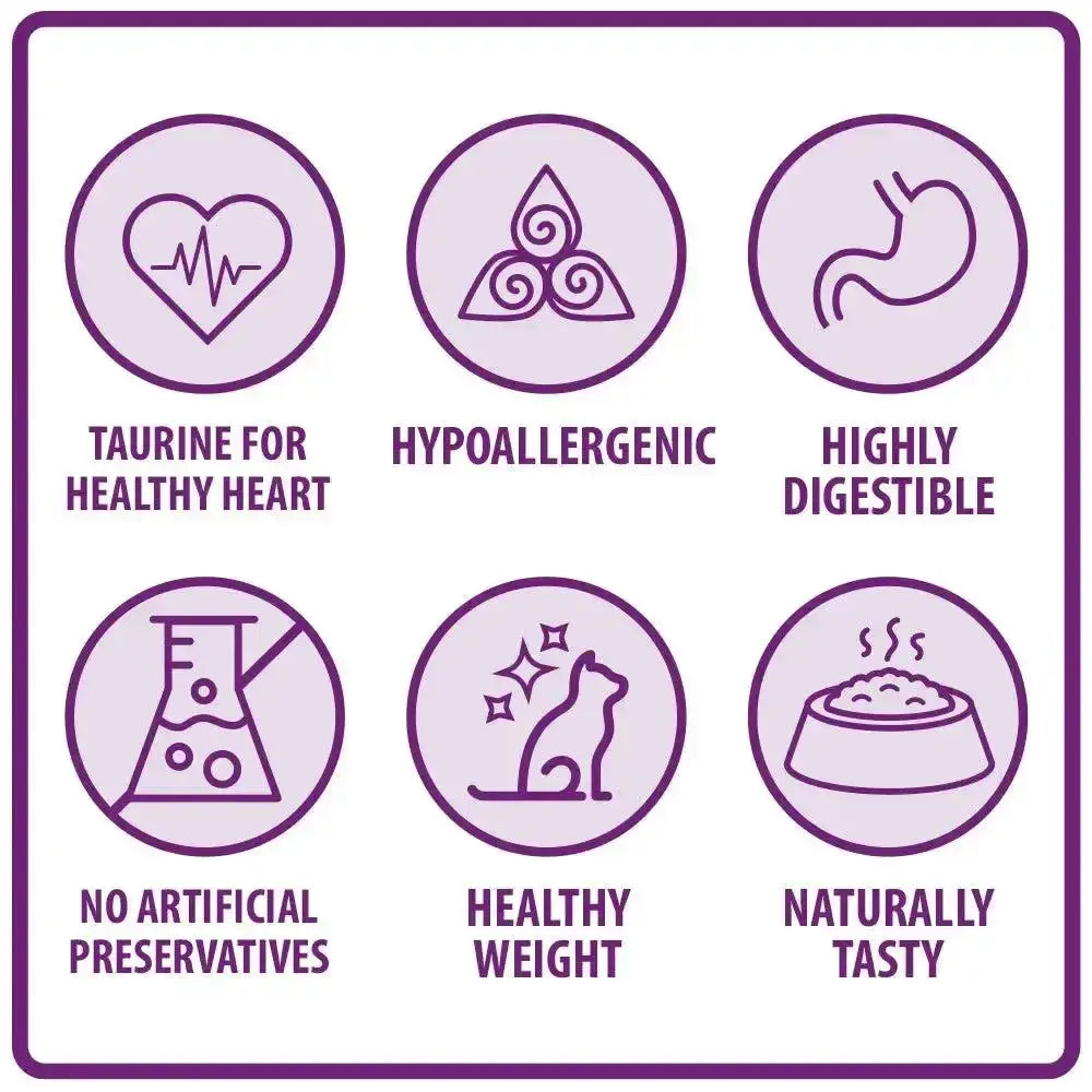 Purple icons showing taurine for heart health hypoallergenic and tasty benefits on burns cat chicken brown rice cat food packaging