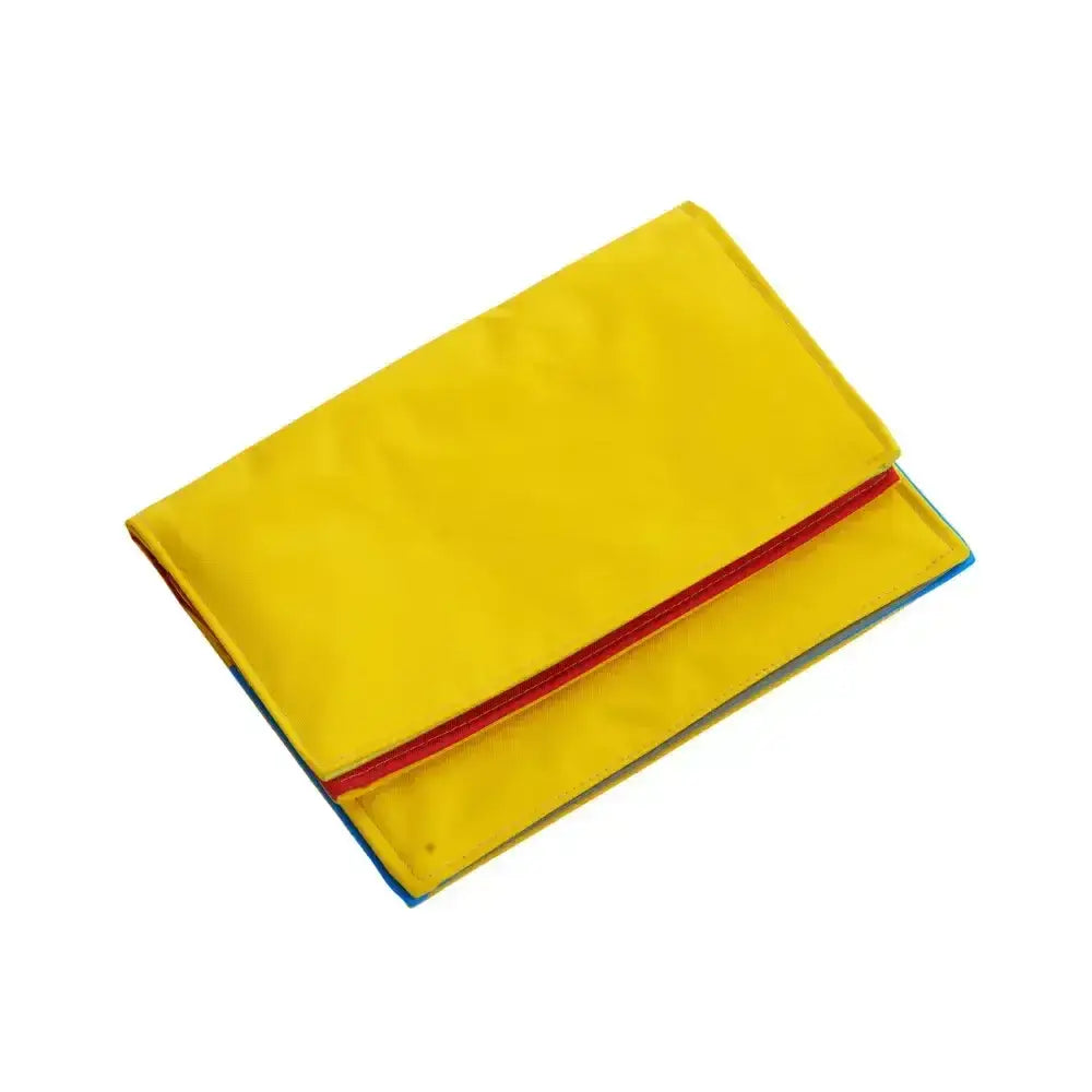 Bright yellow fabric pouch with red and blue zipper trim for buster activity mat game book storage
