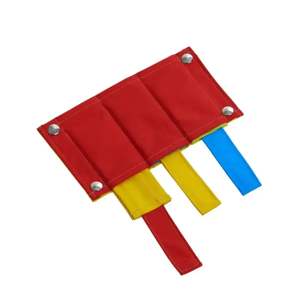Red fabric pouch with yellow blue and red tabs for buster activity mat game mouse trap level 3