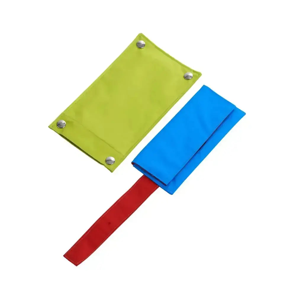Buster activity mat game rat trap with lime green and blue fabric wristbands attached to a red strap with silver buttons