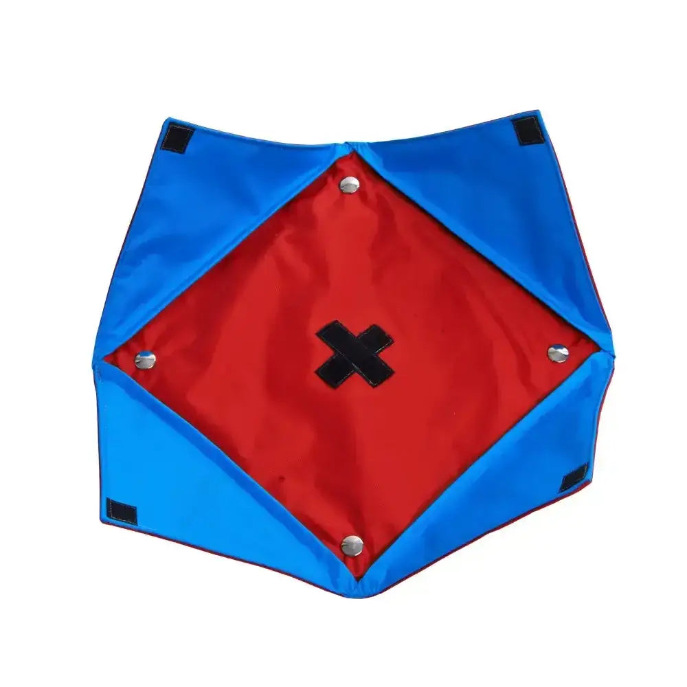 Blue and red collapsible kite with black cross emblem for buster activity mat game water lilly level 1 fun play
