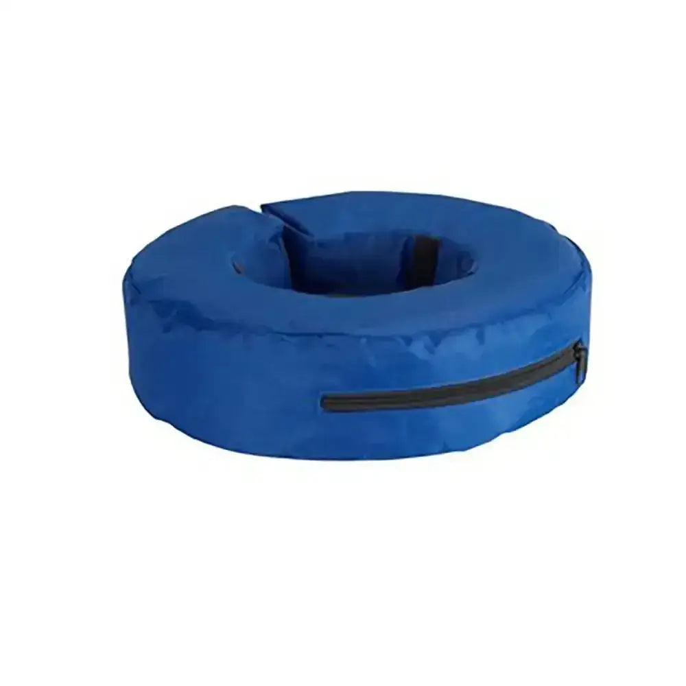 Blue padded buster inflatable collar with black zipper designed for post-surgery procedures and comfort