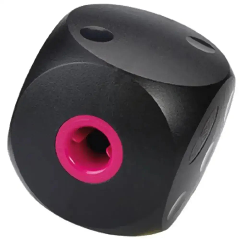 Black buster mini cube with vibrant pink opening and small holes designed as ingenious small dog toys