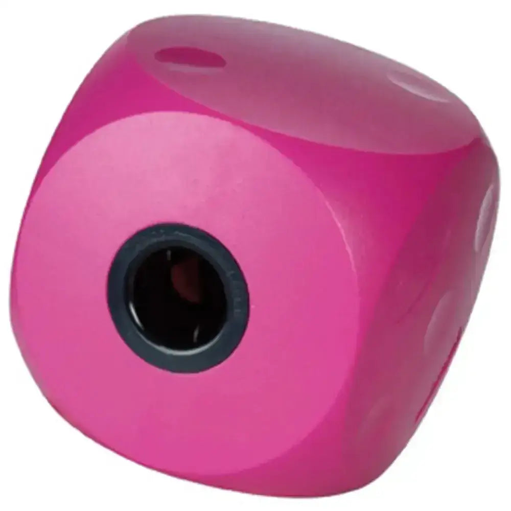 Vibrant pink glossy plastic dice-shaped buster mini cube pencil sharpener with black opening for small dog toys