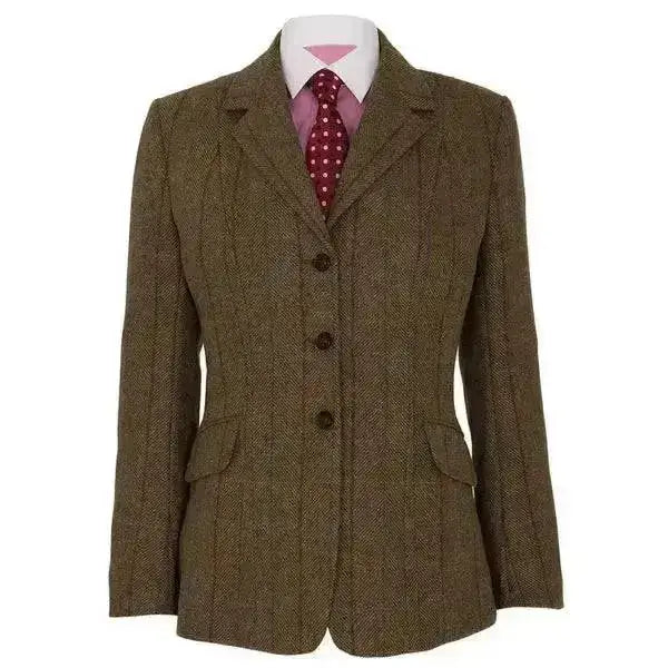 Brown tweed three-button girls tweed riding jacket with notched collar and flap pockets from caldene southwold