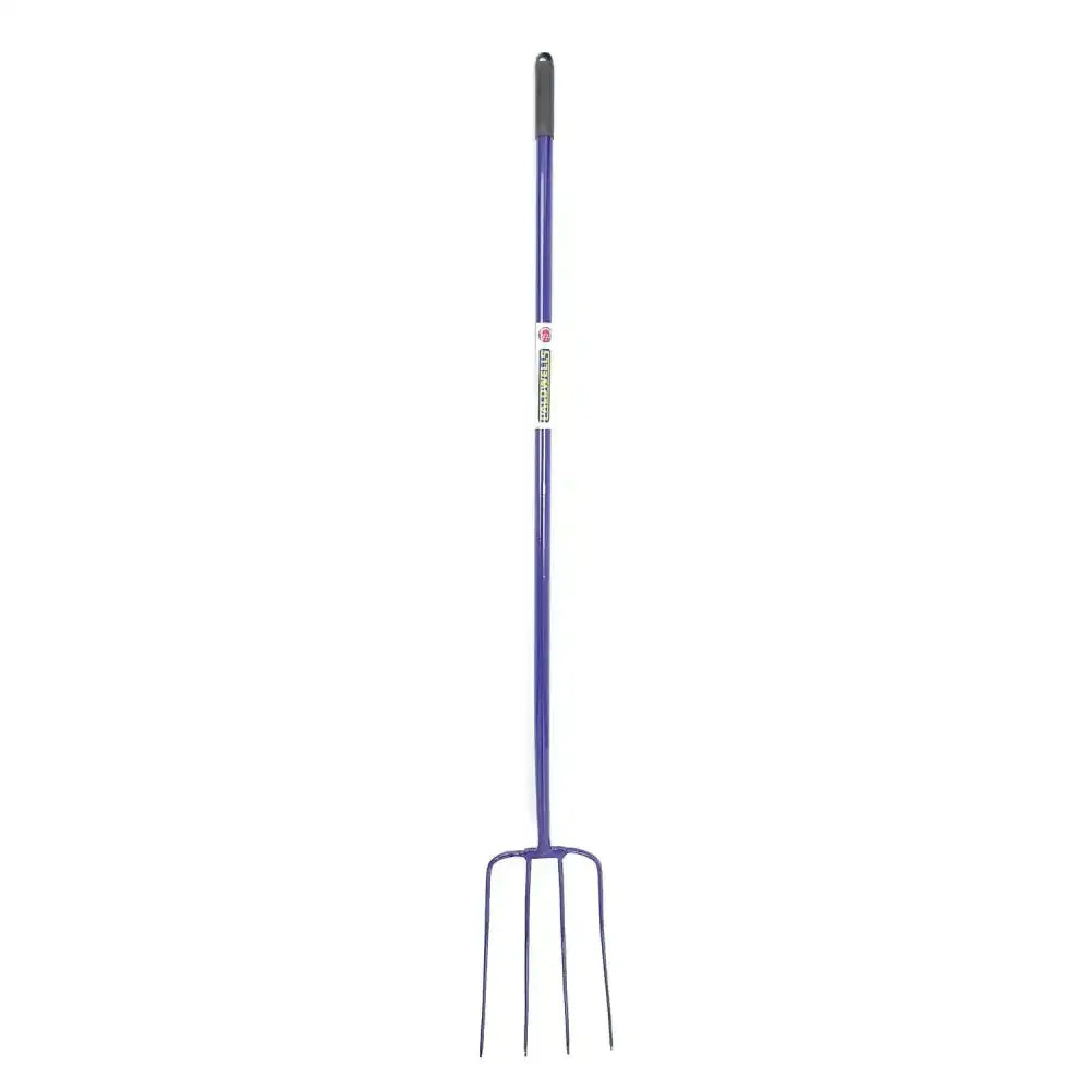 Purple metal caldwells 4 prong tubular muck fork long handle with black grip and four tines for heavy-duty gardening