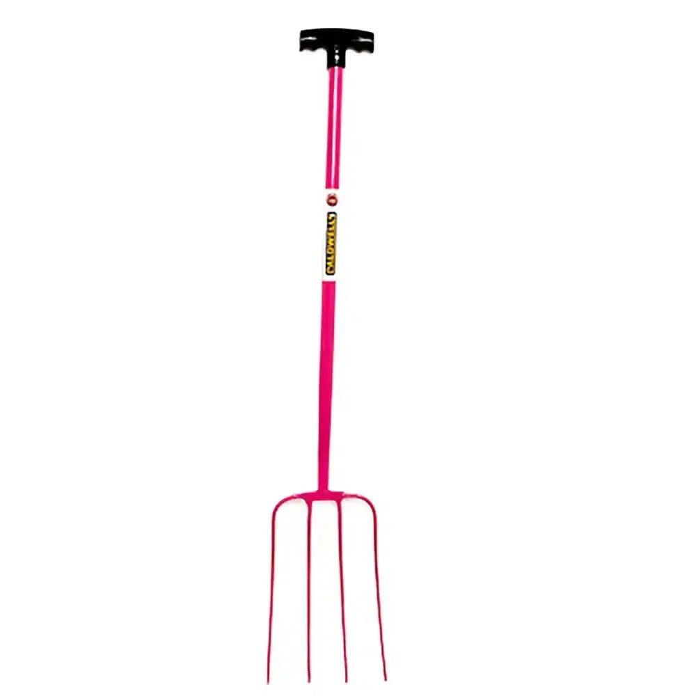 Pink caldwells 4 prong tubular muck fork with black t-handle and yellow branding for garden use