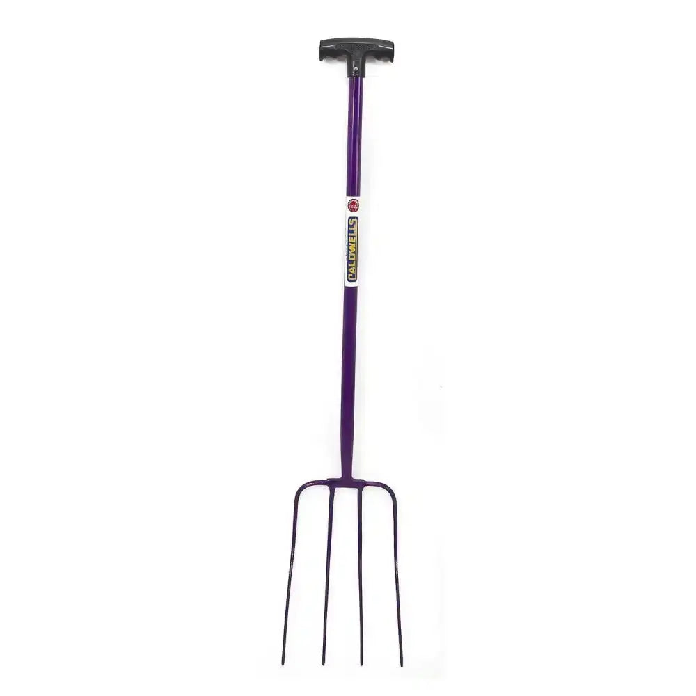 Purple-handled caldwells 4 prong tubular muck fork with black t-shaped grip and four metal tines for heavy-duty use