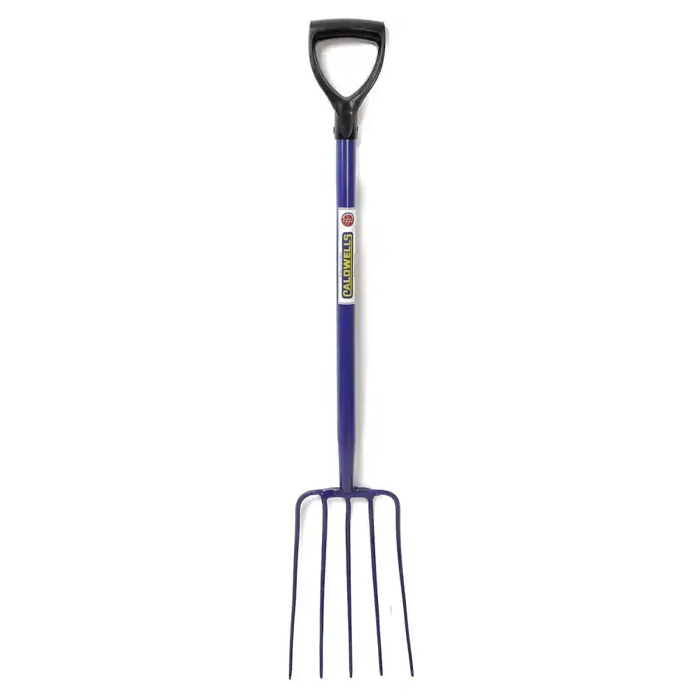 Purple metal caldwells 5 prong tubular muck fork pyd with black d-shaped handle and hallowells brand label