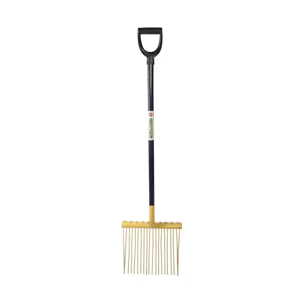 Black-handled caldwells bedding fork pyd with yellow metal head and thin tines perfect for lightweight use