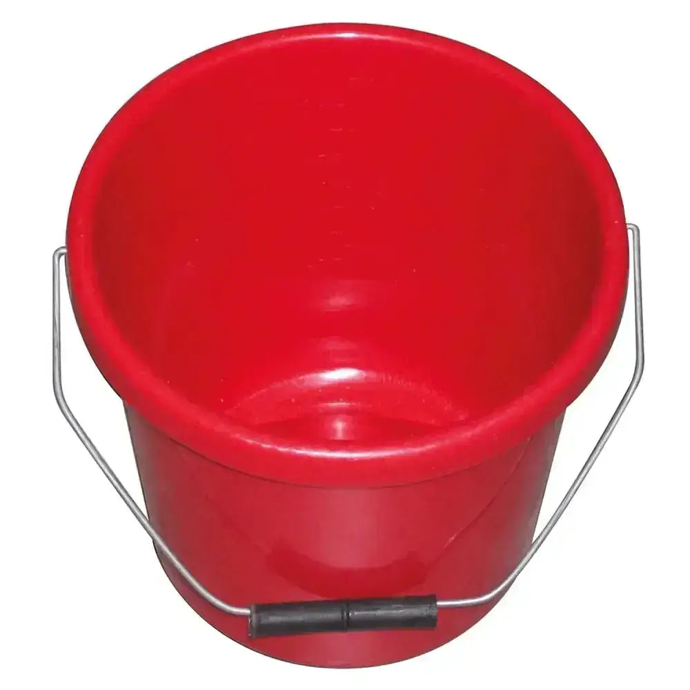 Red plastic calf feeding bucket 5 lt with galvanised wire handle and black rubber grip for easy carrying