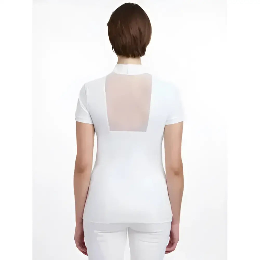 Back view of camille short sleeve white top with sheer mesh panel perfect for stylish casual wear