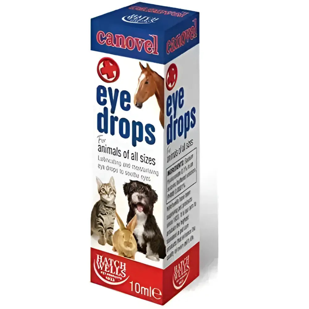 Canovel eye drops 10ml rectangular box with blue white red design featuring animals for hatchwells canovel animal horse care