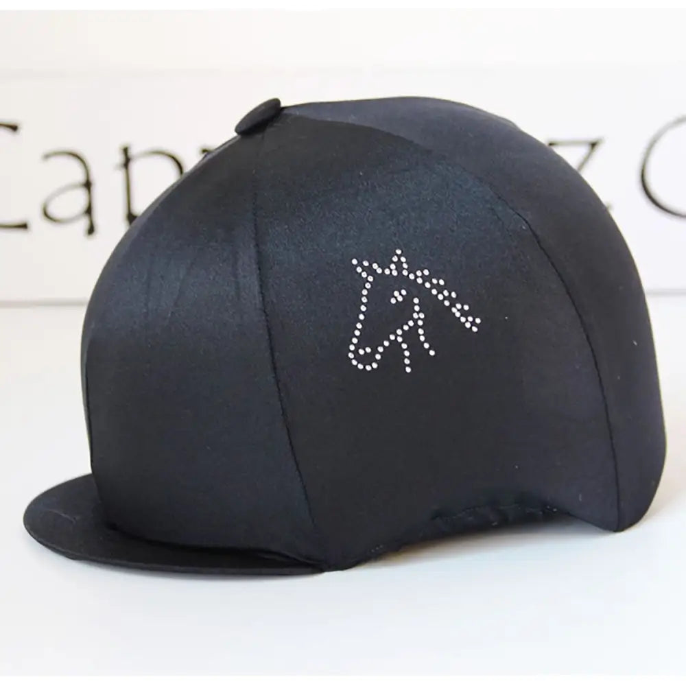 Black lycra diamondz cap cover with sparkling white rhinestone horse head design for capz diamondz cap