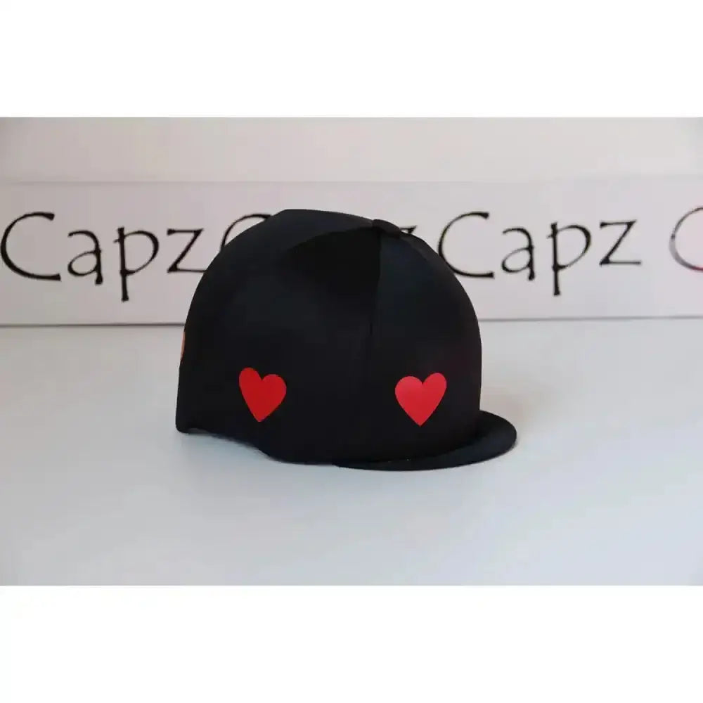 Black capz motif cap with two red heart patches front made from cover lycra heartz for equestrian use