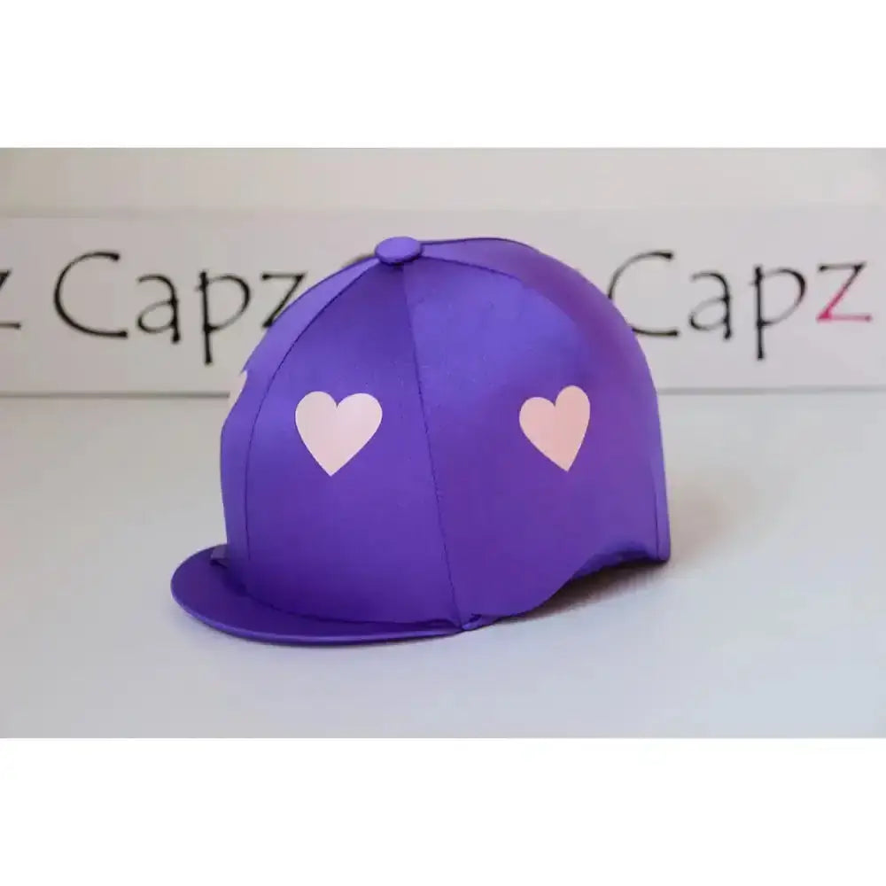 Purple capz motif cap cover lycra heartz with two light pink heart decals for equestrian helmets