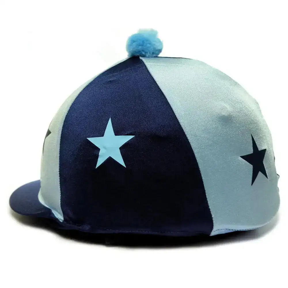 Navy blue and light gray capz motif cap cover lycra starz with fluffy blue pom pom and star appliques on top