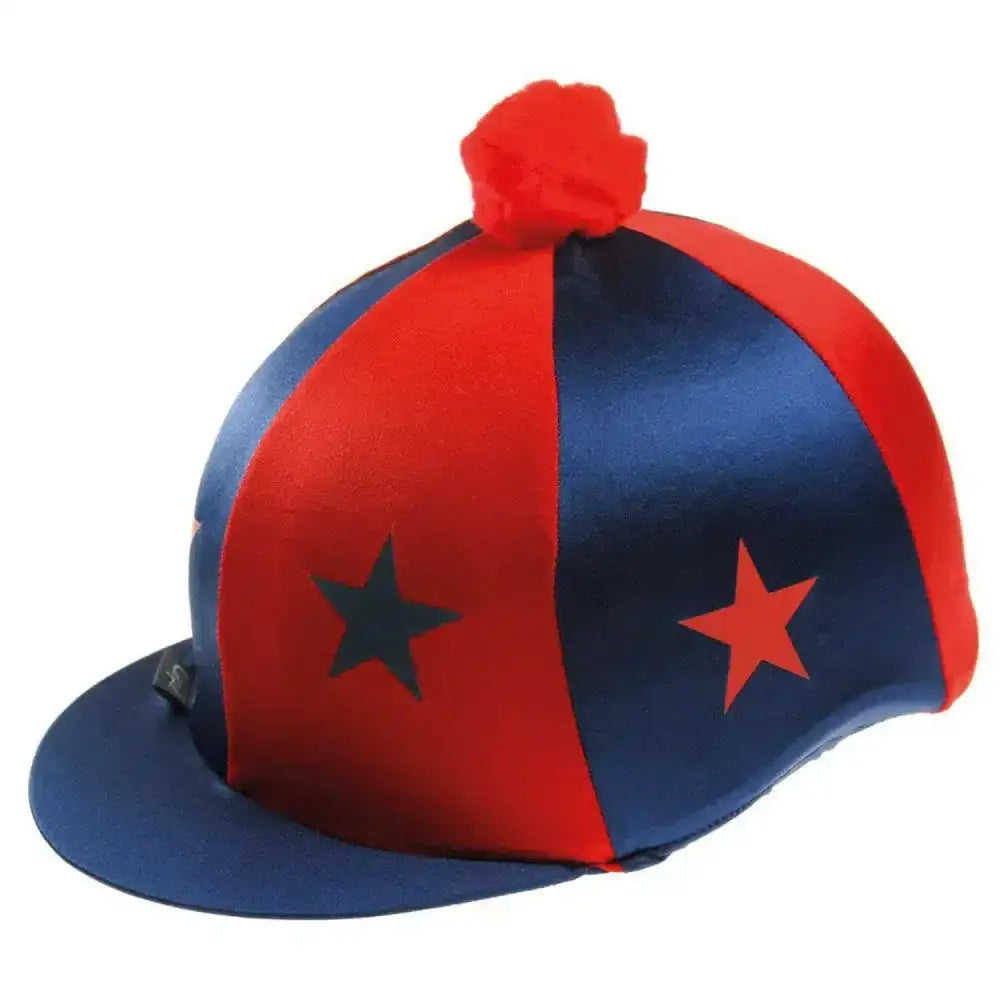 Red and navy blue satin capz motif cap cover lycra starz with red pom pom and contrasting star designs