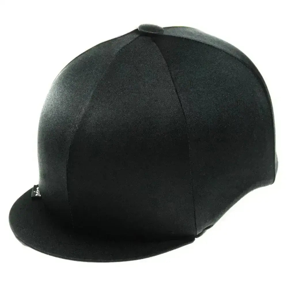 Black equestrian plain hat cover made of stretchy lycra with a smooth matte finish and subtle sheen