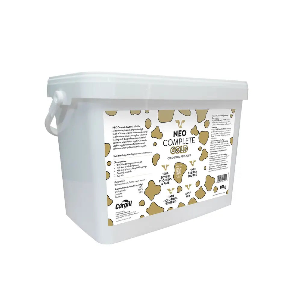 White plastic bucket with cow print label showing cargill neo complete gold complete gold neo product details