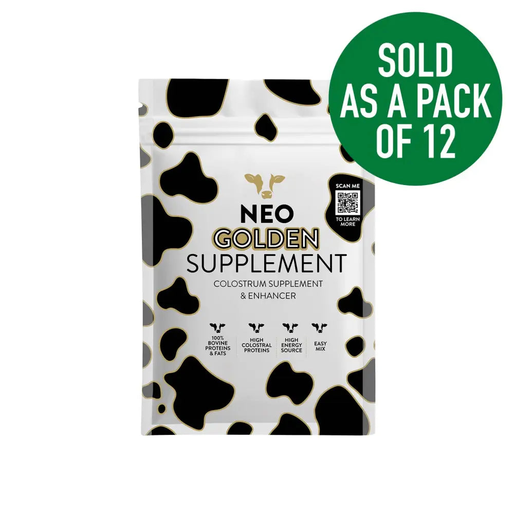 White and black cow-print pouch of cargill neo golden supplement calf colostrum for colostrum enhancement