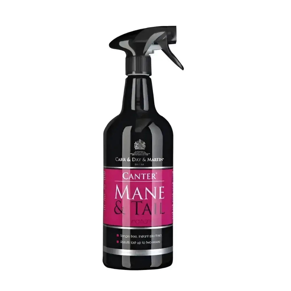Black spray bottle with pink label of carr day and martin canter silk mane and tail conditioner for tail sleek care