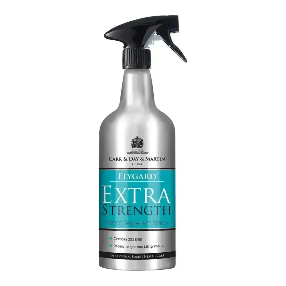 Silver spray bottle with black nozzle and teal label of carr & day & martin flygard extra strength insect repellent spray
