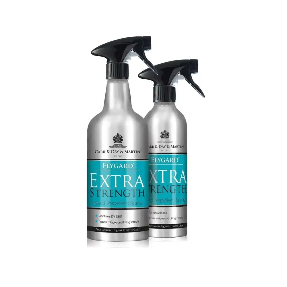 Two silver spray bottles with black nozzles and teal labels of carr & day & martin flygard extra strength insect repellent