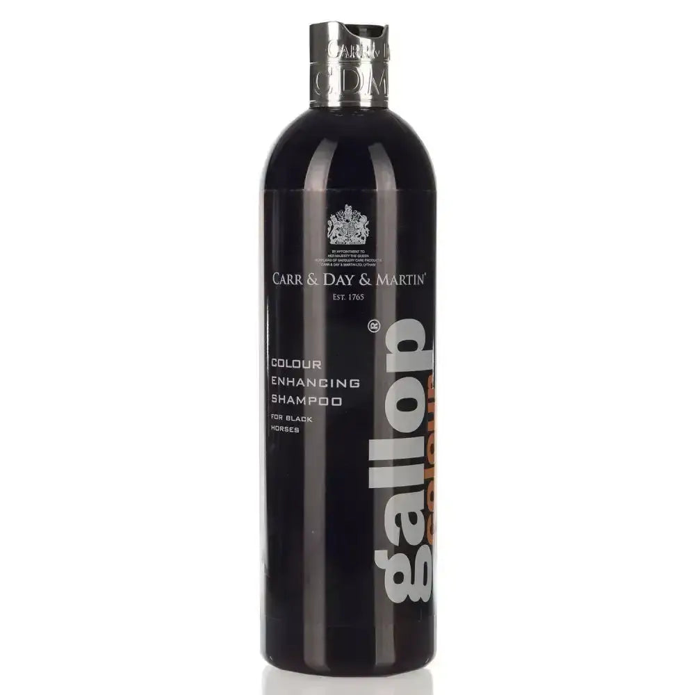 Black plastic bottle of carr day martin gallop colour shampoo for black horses with silver cap and white lettering