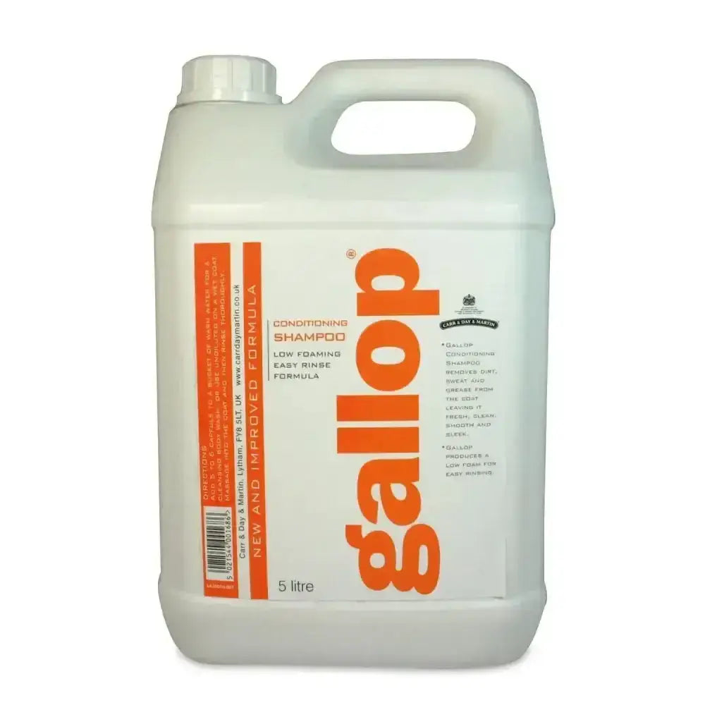 White plastic jug of carr & day martin gallop conditioning shampoo with orange and white label and bold orange branding