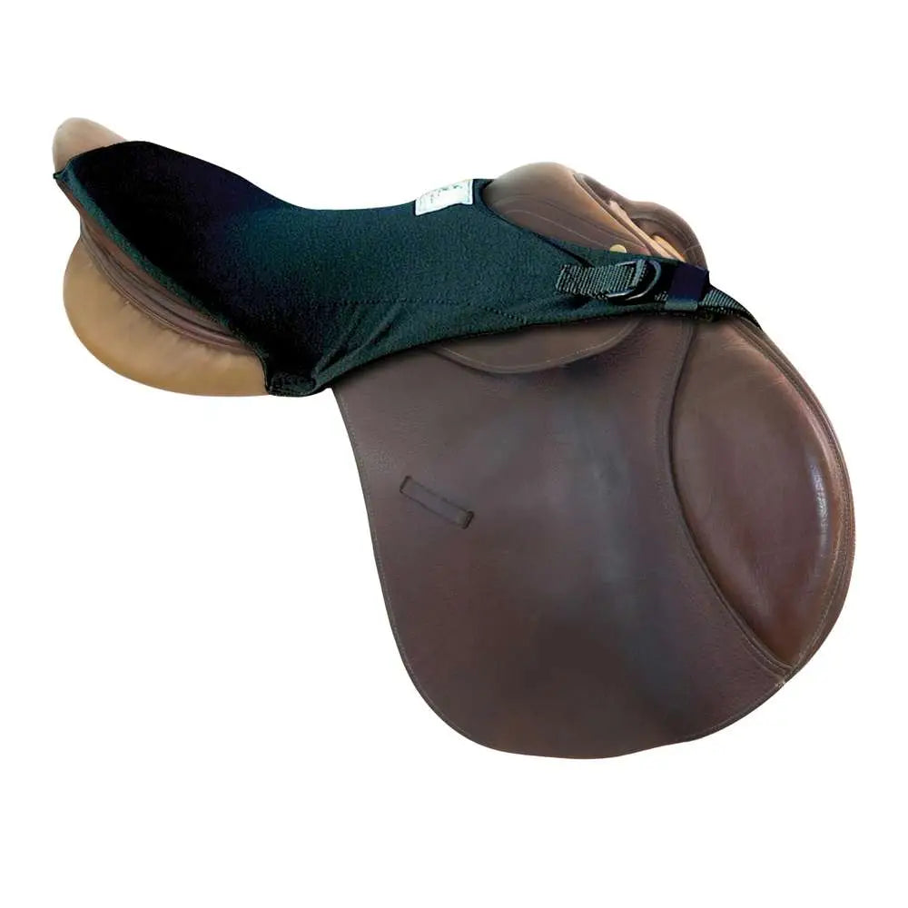Black padded cashel tush cushion with adjustable nylon straps designed to keep tush cushion firmly in place for riding