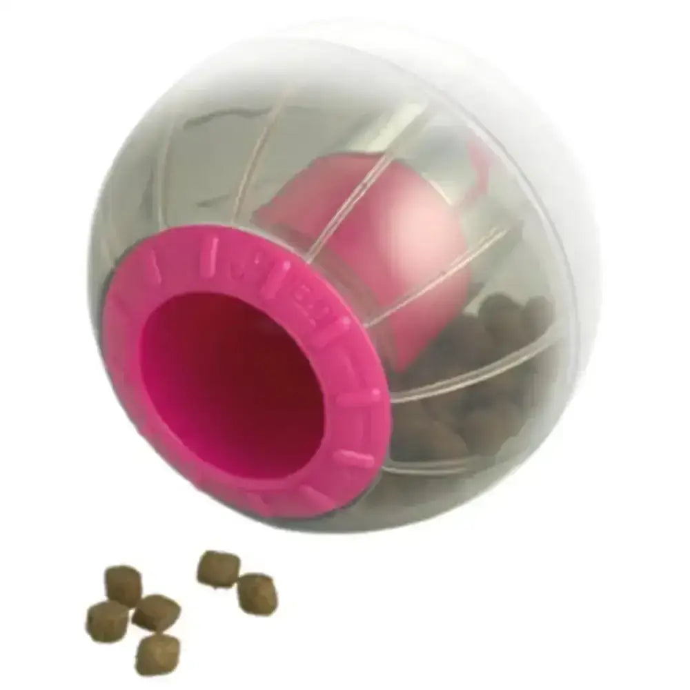 Transparent spherical catrine catmosphere cat toy with pink opening and red component filled with brown kibble