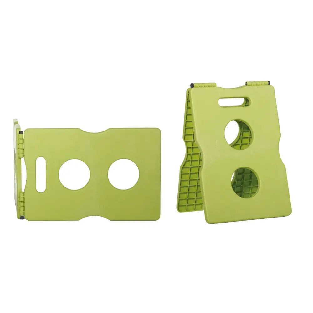 Light green foldable plastic stool with circular cutouts and handle for cavaflex horse jumping support use